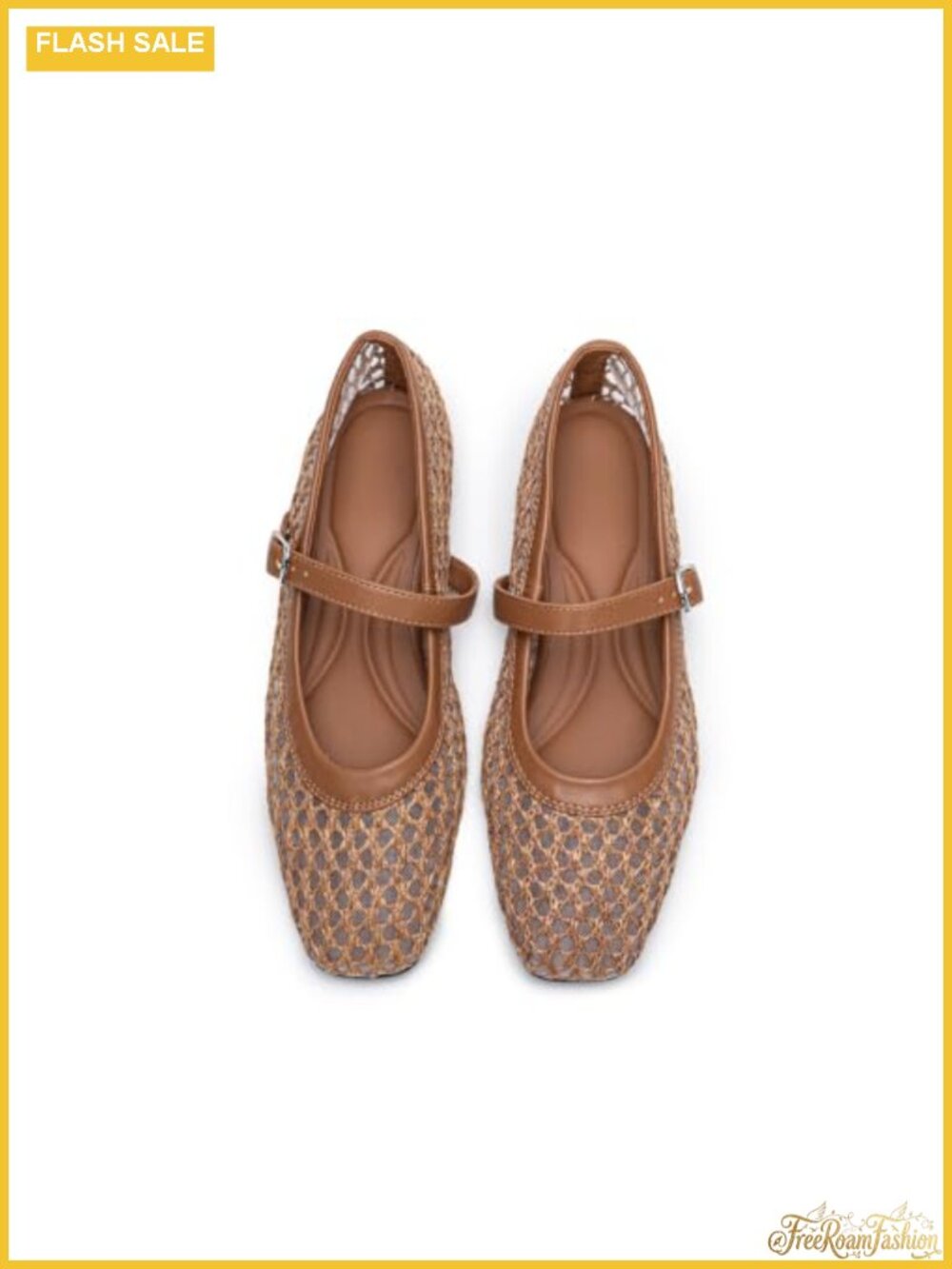 Closed Toe Mesh Ballet Flats Faux Leather Trim Buckle Strap Square Toe